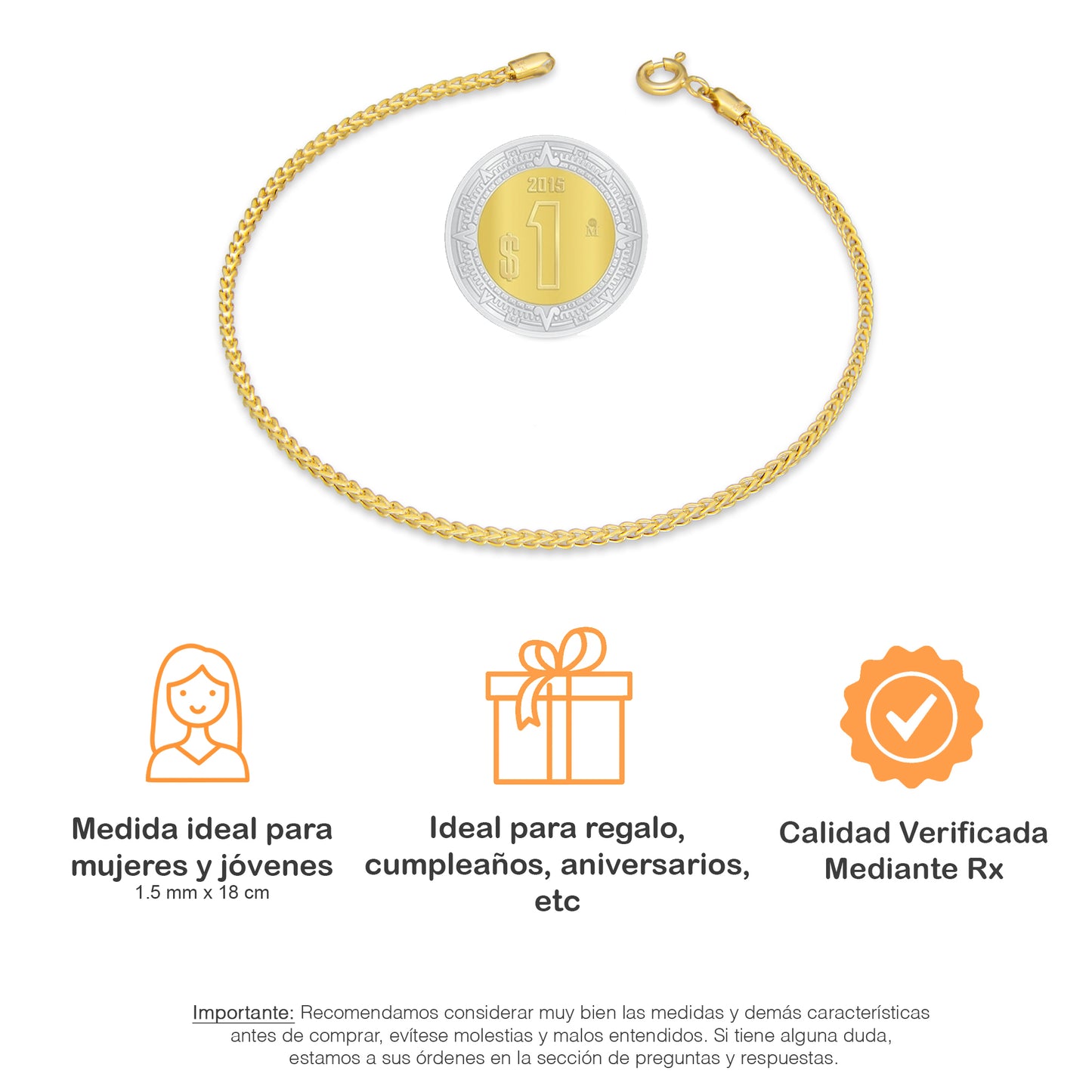 LPEPD015 Pulsera para Dama Oro Sólido 10K Mod Espiga Cuadrada Súper Ligera 1.5 mm x 18 cm 2531192837