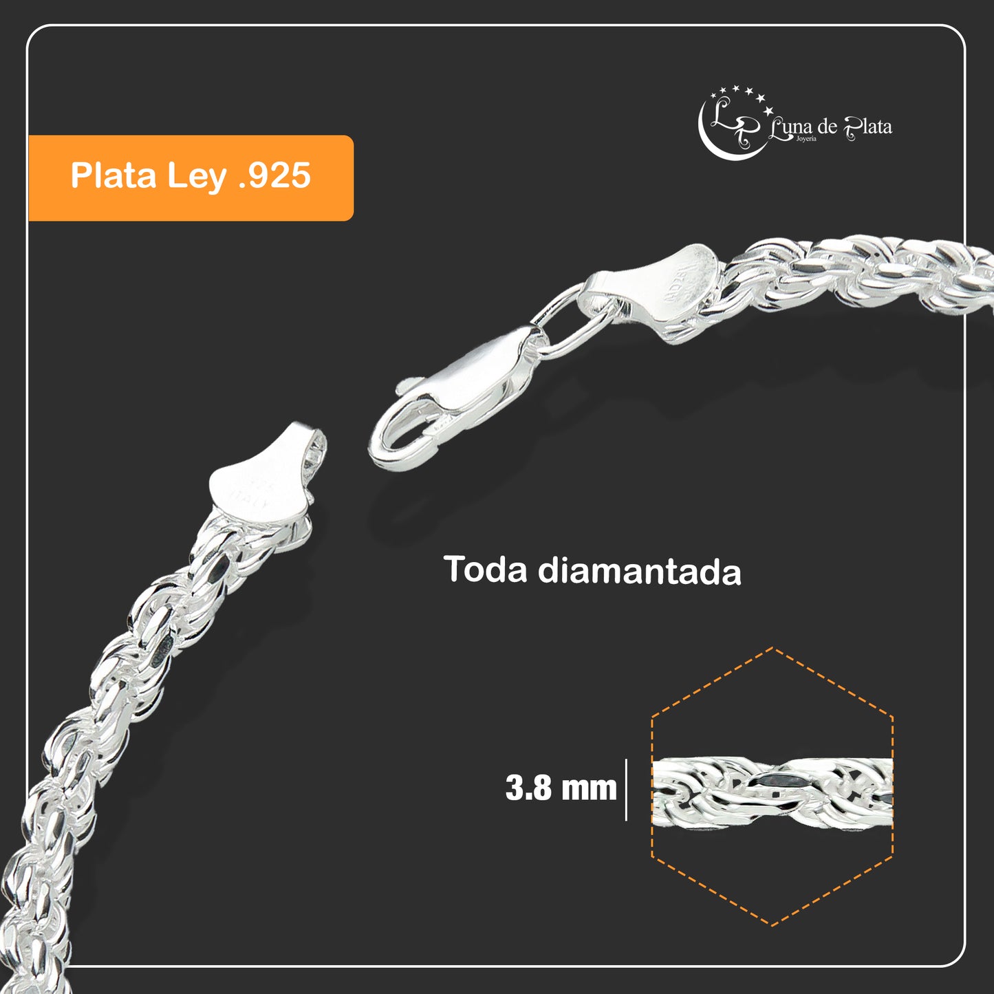LPPC057 Pulsera Torsal Diam 3.8 mm x 20 cm en Plata Ley. 925 1506237501
