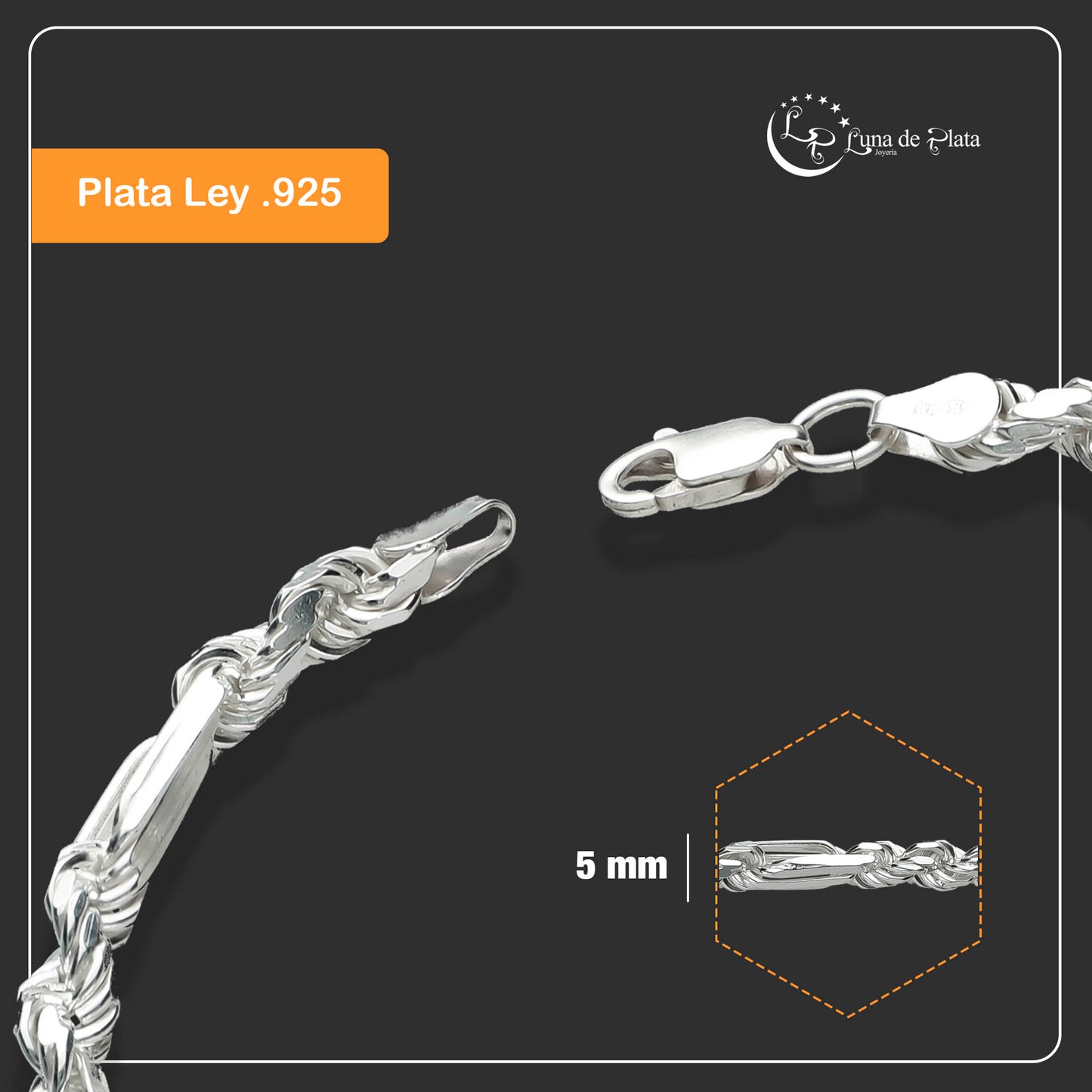LPPC071 Pulsera Torsal Fígaro 5 Mm X 20 Cm Plata Ley .925, Taxco Gro 1815177074