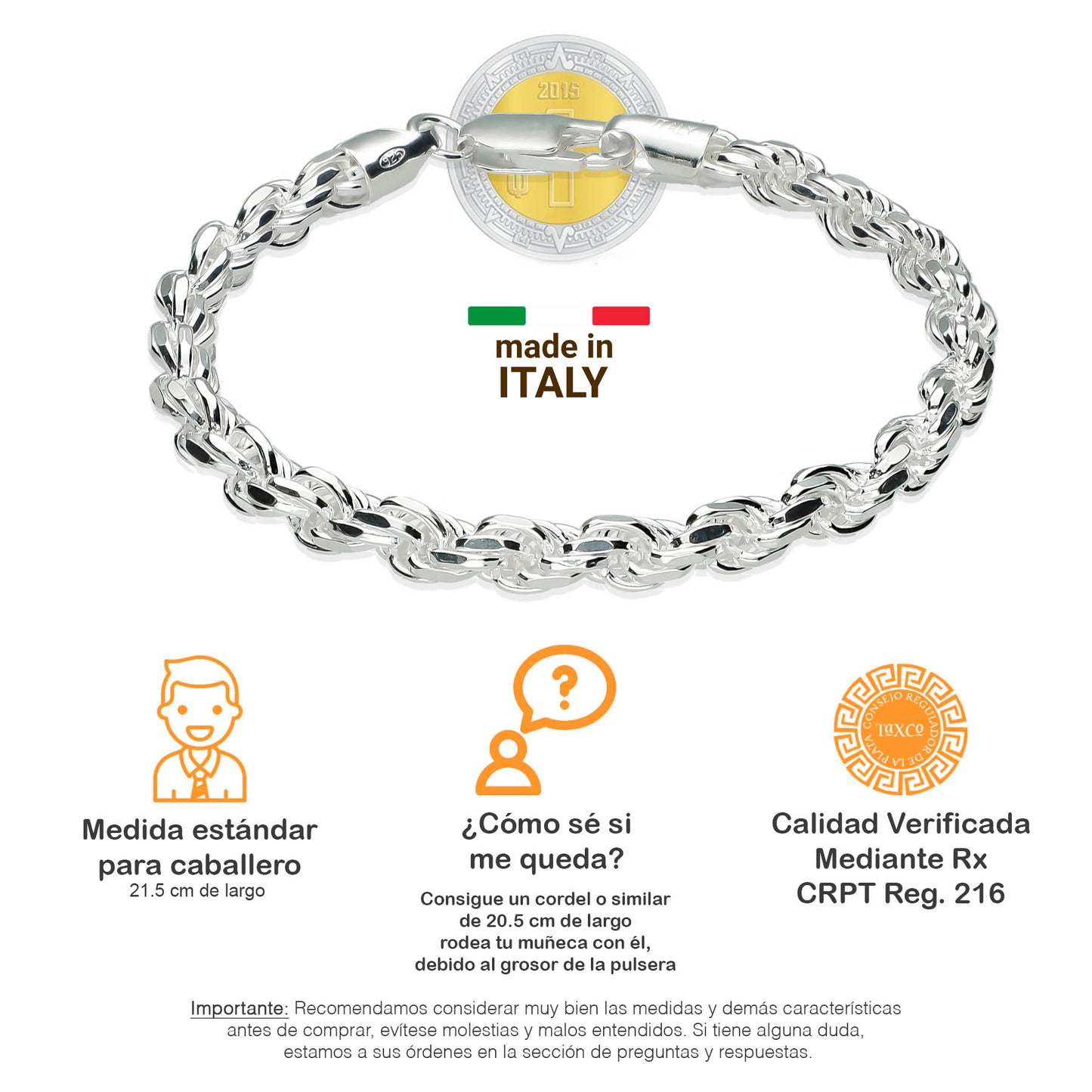 LPPC072 Pulsera Torsal Diamantada 6 mm x 21.5 cm en Plata .925 Taxco Gro 2544542496