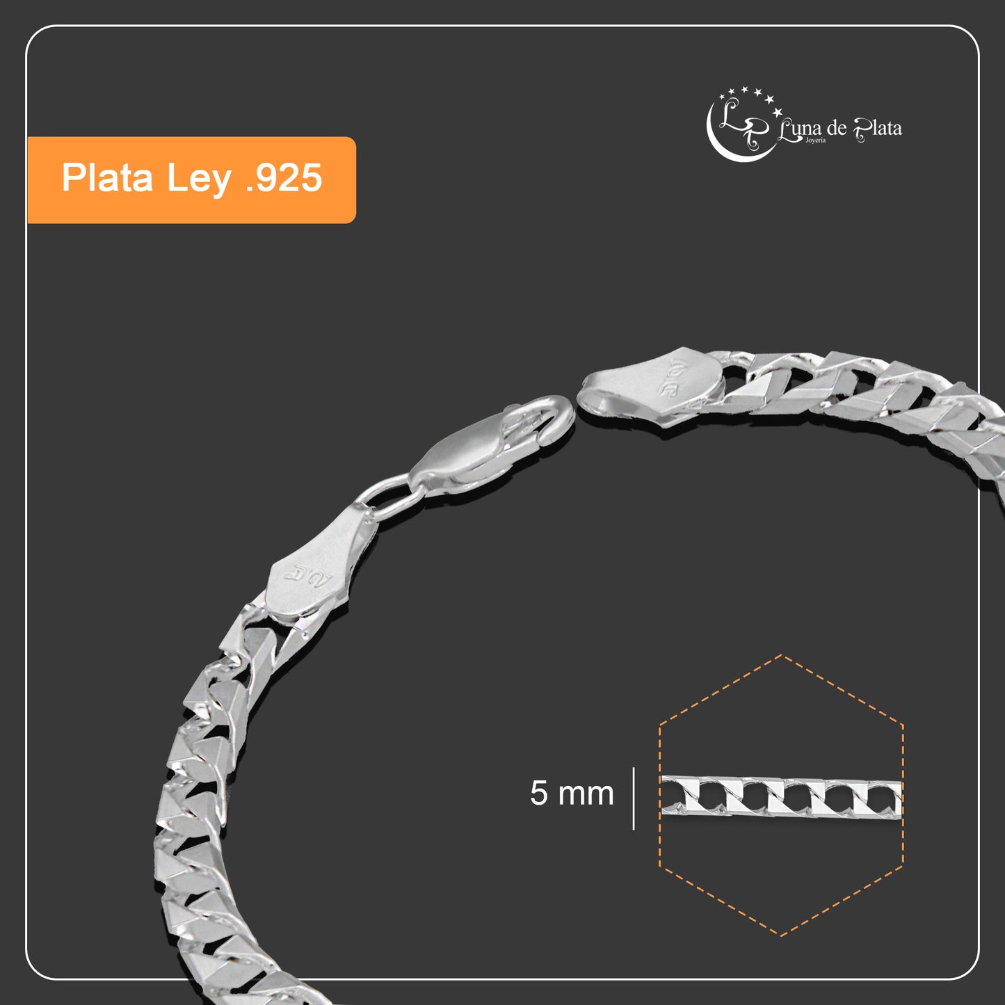 LPPC098 Pulsera Esclava Cubana Eslabón Cuadrado 5 mm x 20 cm en Plata .925