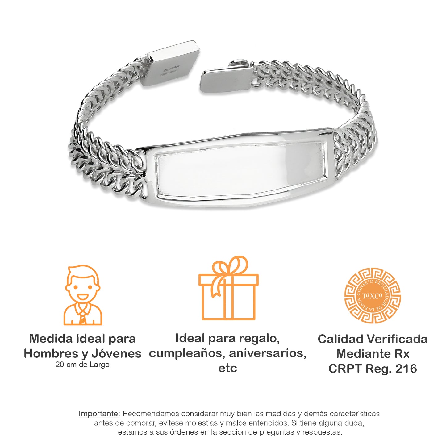 LPPC106 Pulsera Esclava Petatillo Ancha Placa con Bisel 20 cm en Plata .925 2425157931