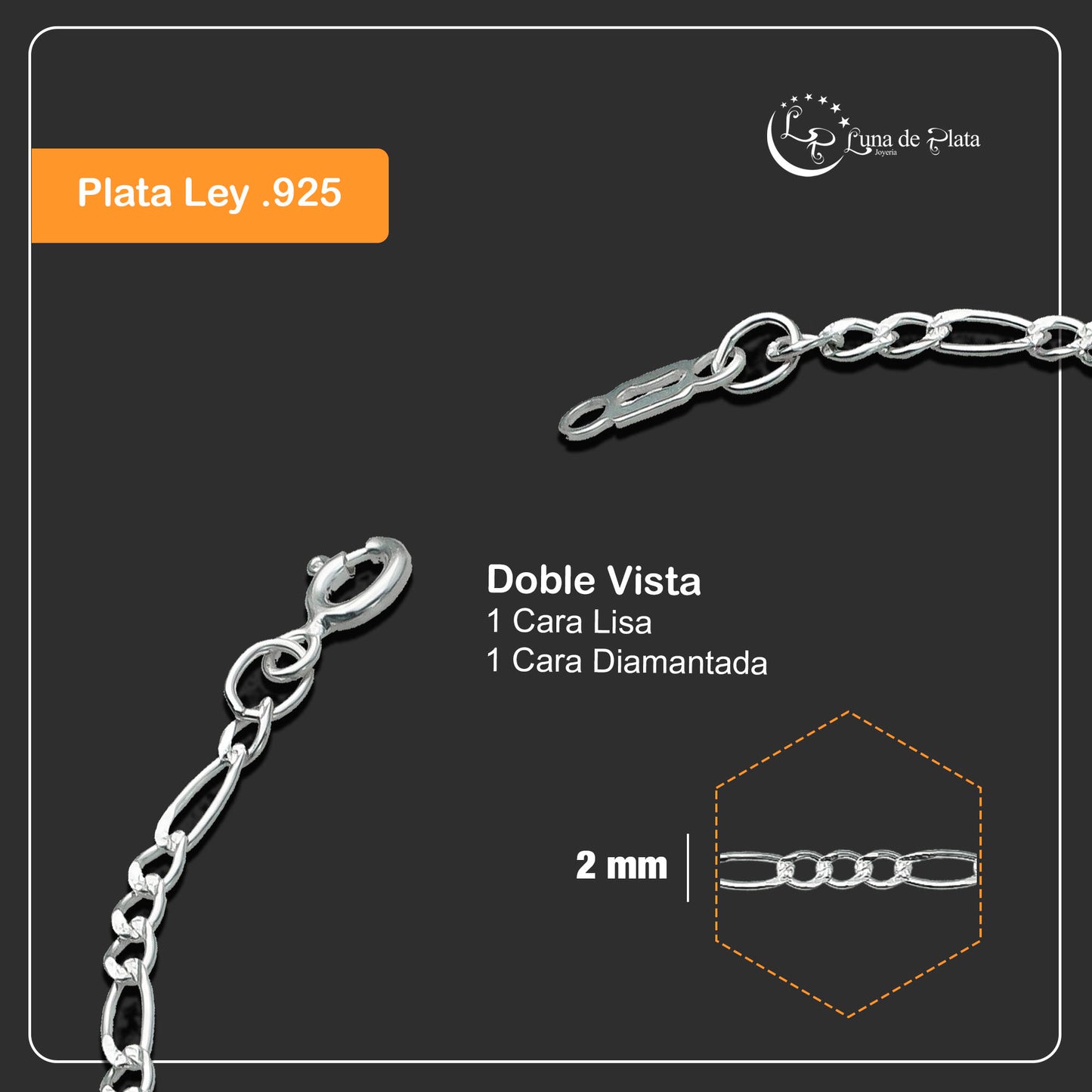 LPPD038 Pulsera Figaro 3x1 Diam 2.5 cm x 18 cm en Plata Ley .925 1524044019