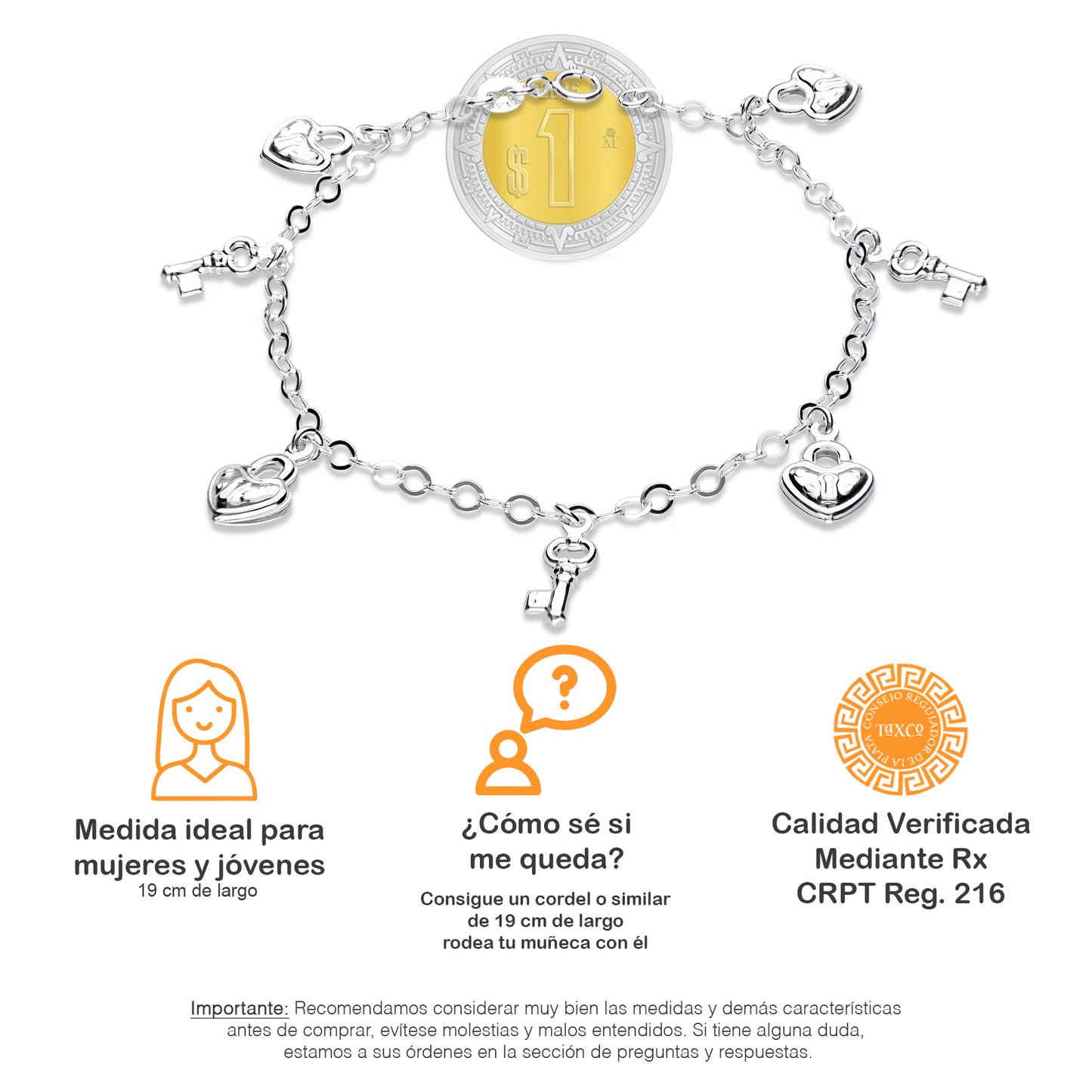 LPPD088 Pulsera Colgantes Llave y Corazón 3D en Plata Ley .925 2962301320