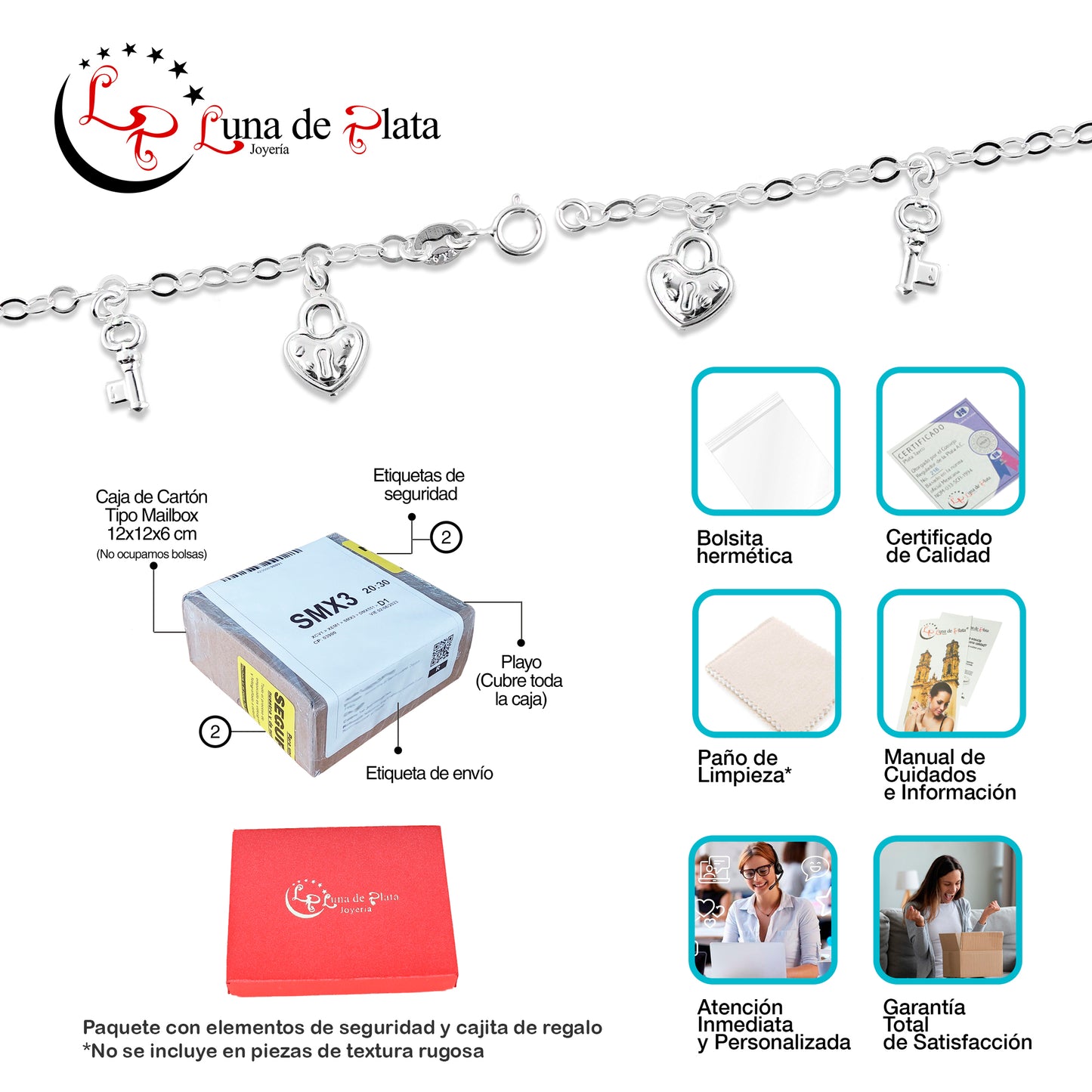 LPPD088 Pulsera Colgantes Llave y Corazón 3D en Plata Ley .925 2962301320
