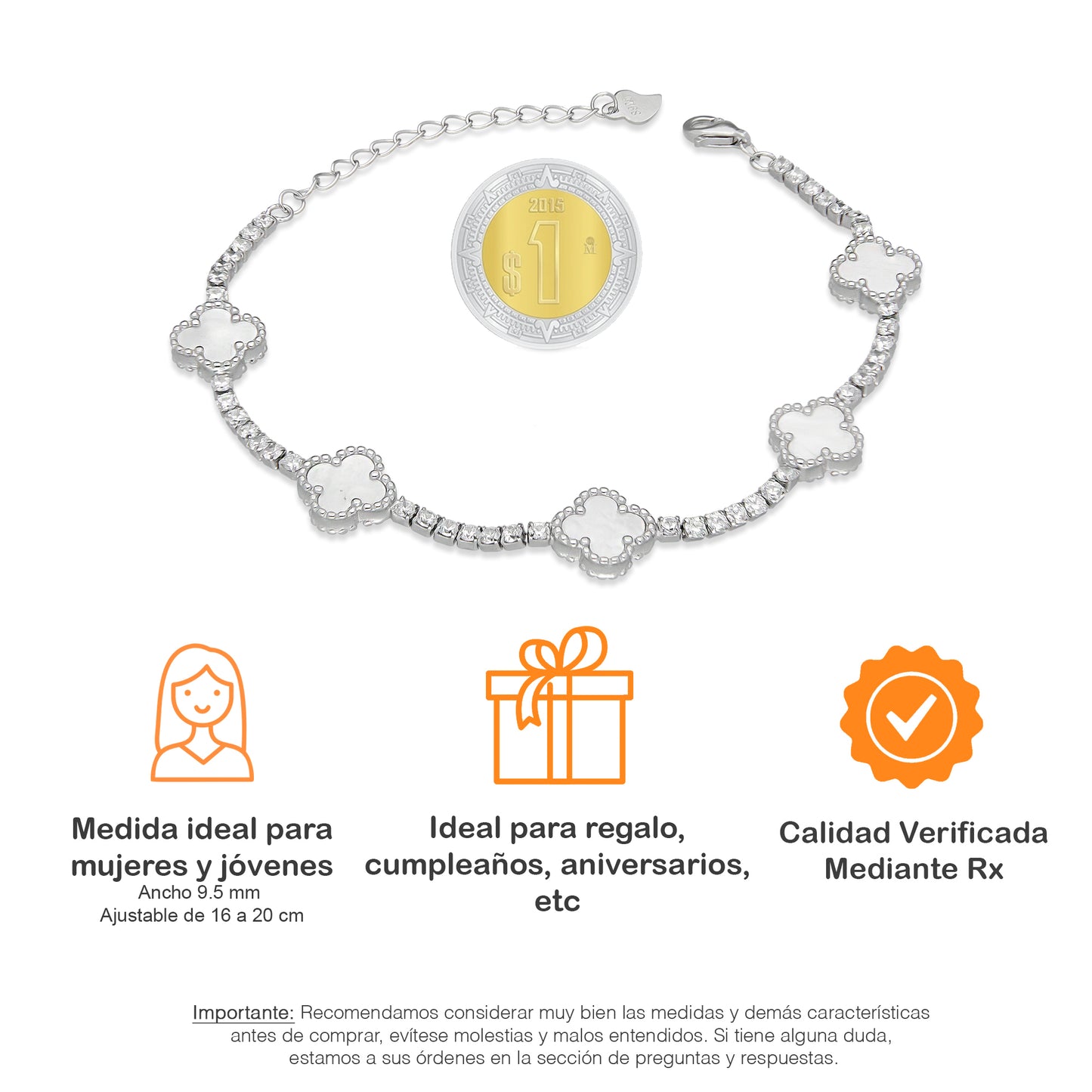 LPPD114 Pulsera Dama Mod 5 Trébol Blancos con Zirconias 9.5 mm Ajustable de 16 a 20 cm en Plata .925
