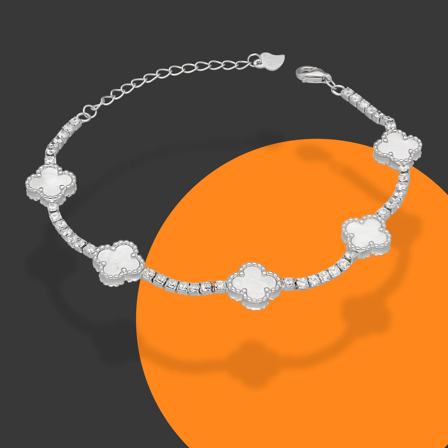 LPPD114 Pulsera Dama Mod 5 Trébol Blancos con Zirconias 9.5 mm Ajustable de 16 a 20 cm en Plata .925