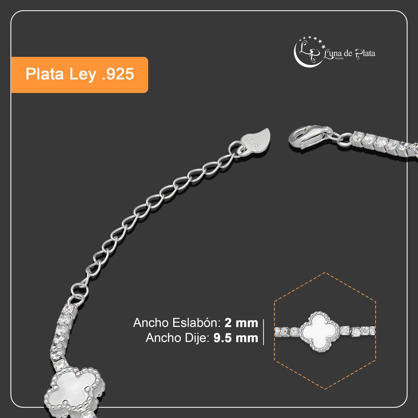 LPPD114 Pulsera Dama Mod 5 Trébol Blancos con Zirconias 9.5 mm Ajustable de 16 a 20 cm en Plata .925
