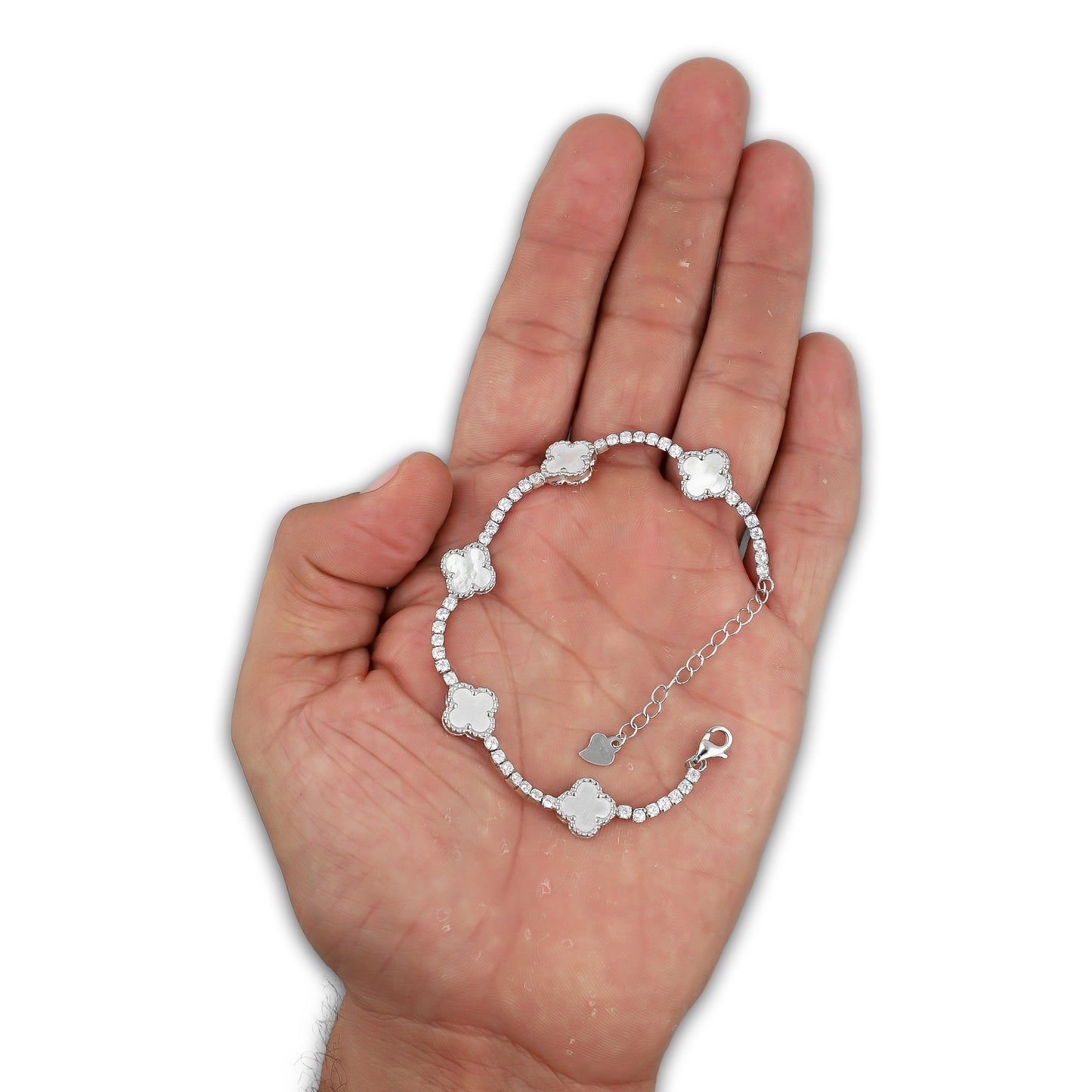 LPPD114 Pulsera Dama Mod 5 Trébol Blancos con Zirconias 9.5 mm Ajustable de 16 a 20 cm en Plata .925