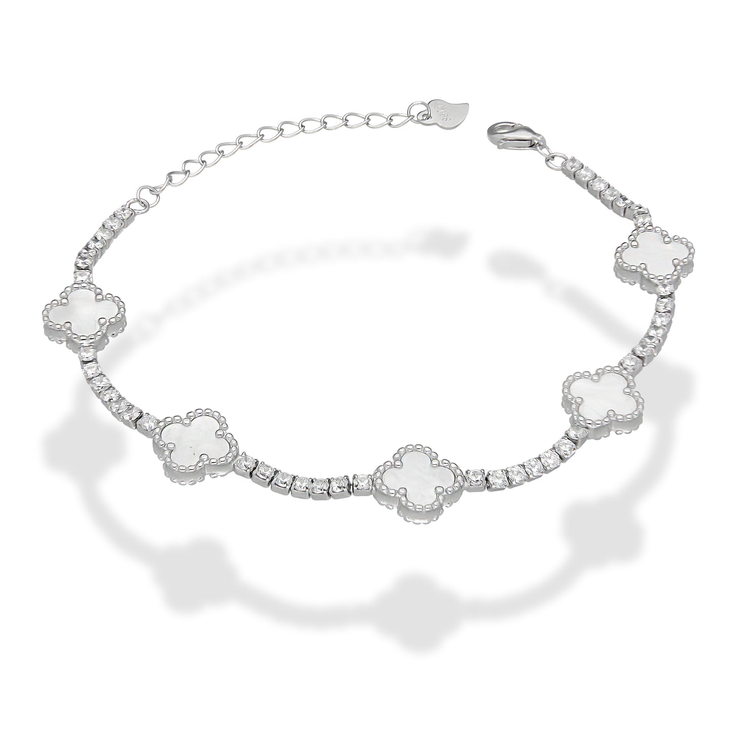 LPPD114 Pulsera Dama Mod 5 Trébol Blancos con Zirconias 9.5 mm Ajustable de 16 a 20 cm en Plata .925