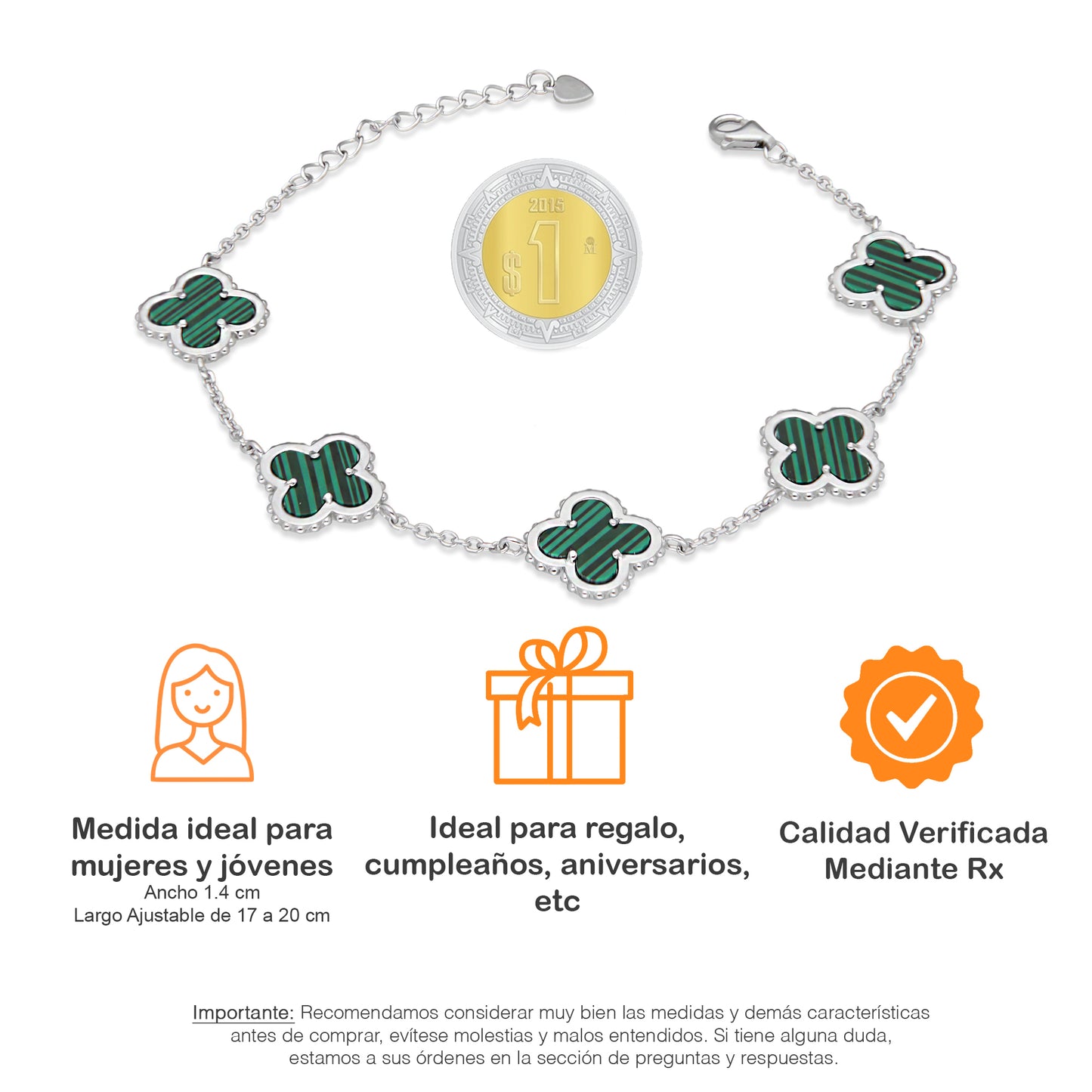 LPPD118 Pulsera Dama Mod 5 Trébol Verdes 1.4 cm Ajustable de 17 a 20 cm en Plata .925