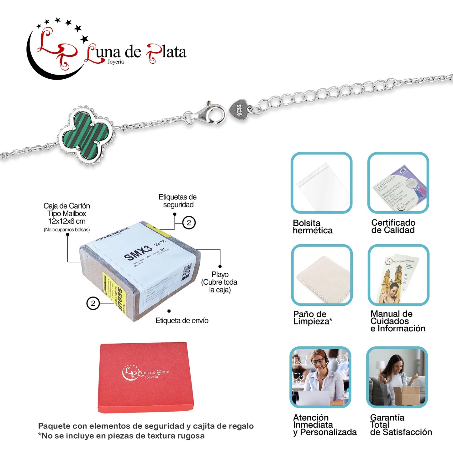 LPPD118 Pulsera Dama Mod 5 Trébol Verdes 1.4 cm Ajustable de 17 a 20 cm en Plata .925