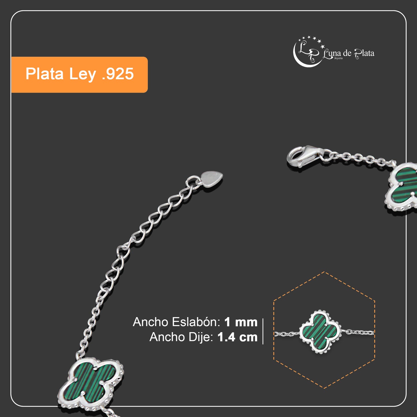LPPD118 Pulsera Dama Mod 5 Trébol Verdes 1.4 cm Ajustable de 17 a 20 cm en Plata .925