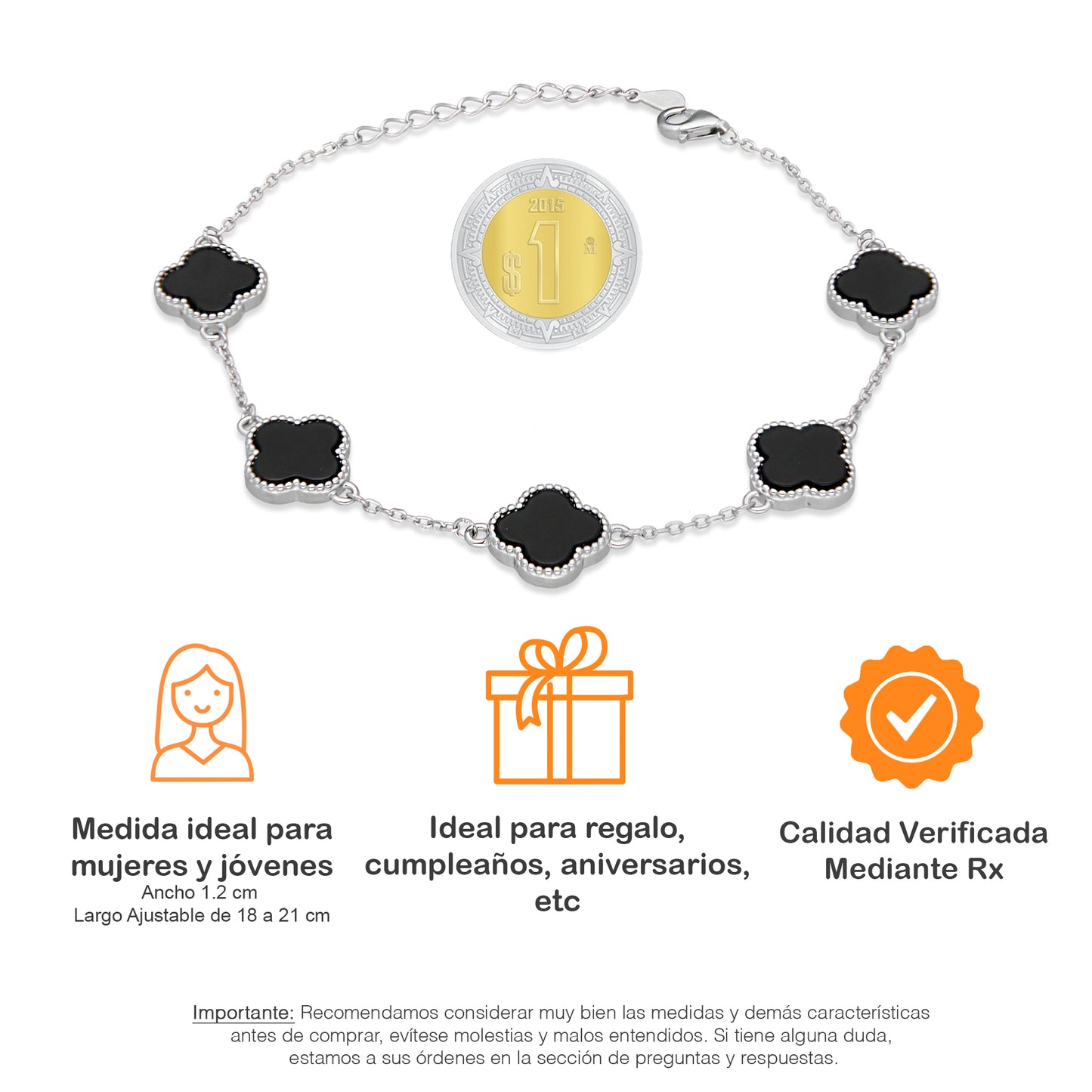 LPPD119 Pulsera Dama Mod 5 Trébol Negro 1.2 cm Ajustable de 18 a 21 cm en Plata .925