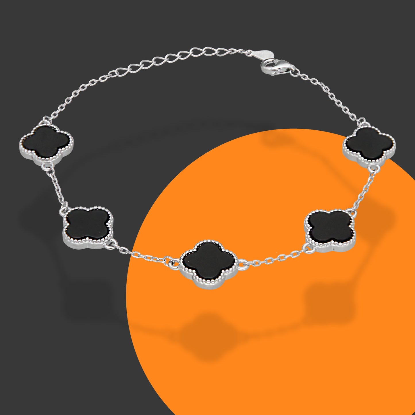 LPPD119 Pulsera Dama Mod 5 Trébol Negro 1.2 cm Ajustable de 18 a 21 cm en Plata .925