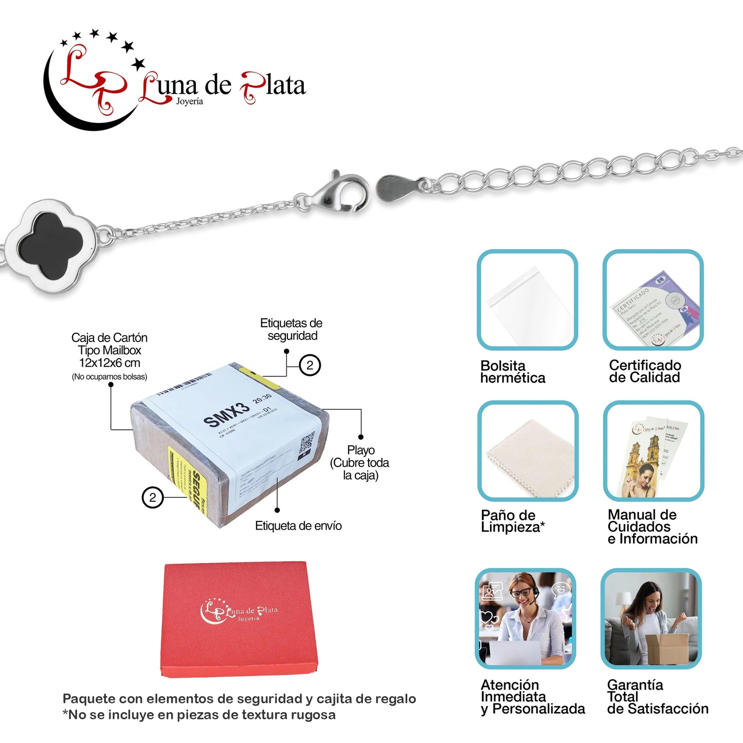 LPPD119 Pulsera Dama Mod 5 Trébol Negro 1.2 cm Ajustable de 18 a 21 cm en Plata .925