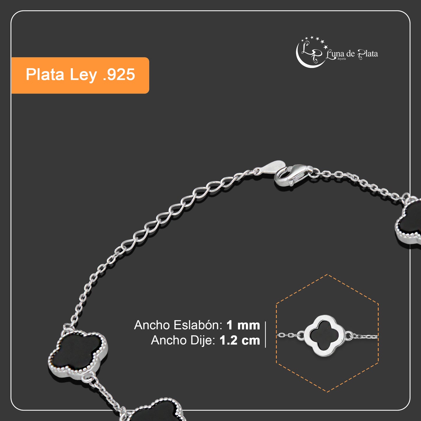 LPPD119 Pulsera Dama Mod 5 Trébol Negro 1.2 cm Ajustable de 18 a 21 cm en Plata .925