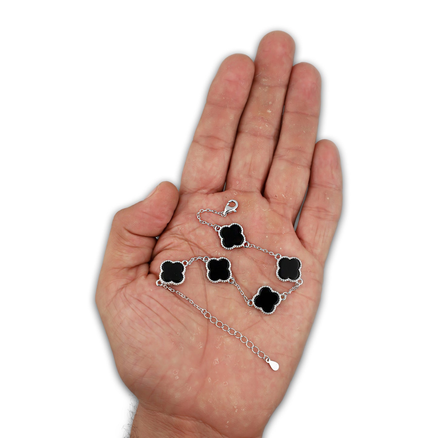 LPPD119 Pulsera Dama Mod 5 Trébol Negro 1.2 cm Ajustable de 18 a 21 cm en Plata .925