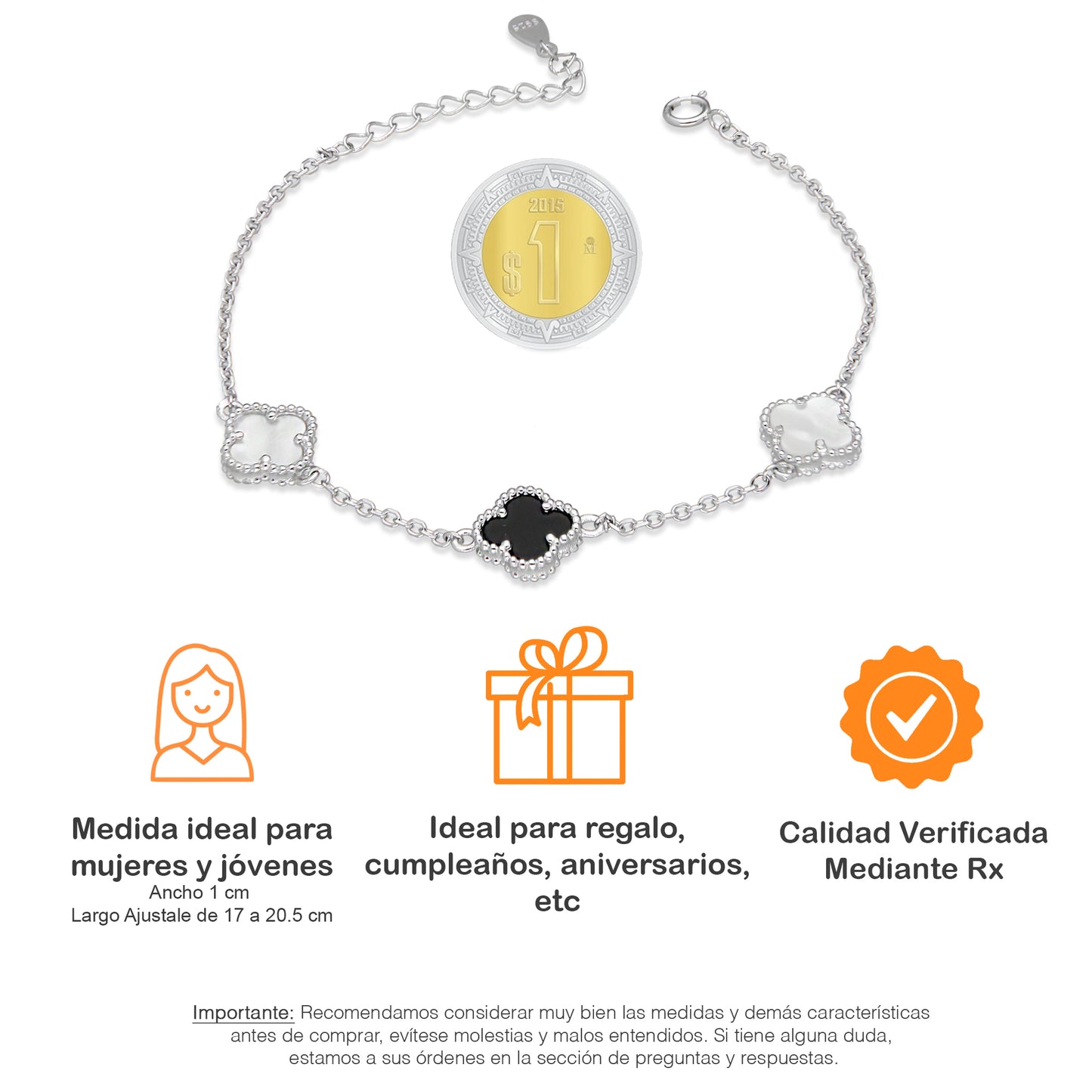 LPPD120 Pulsera Dama Mod 2 Trébol Blanco y 1 Negro 1 cm Ajustale de 17 a 20.5 cm en Plata .925