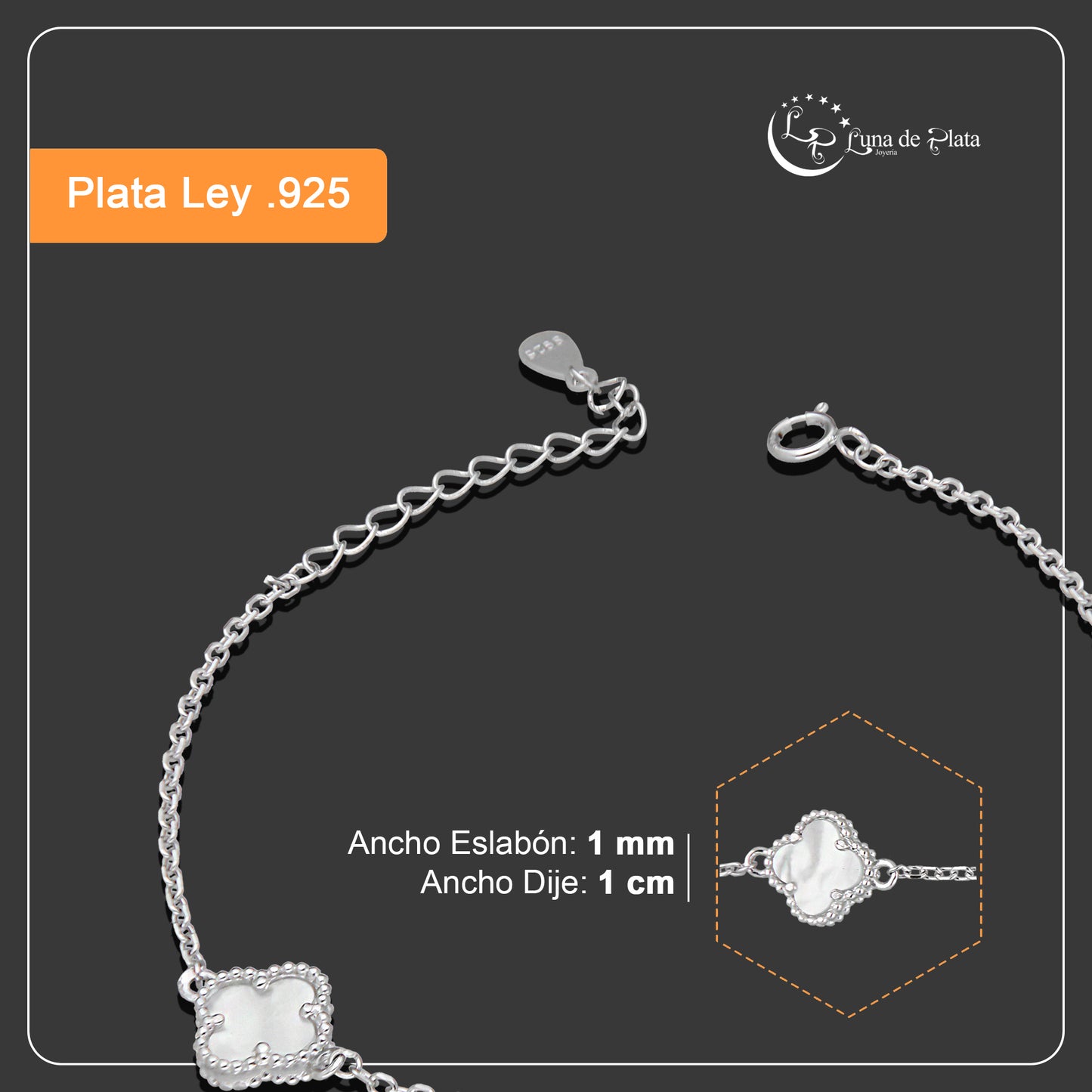 LPPD120 Pulsera Dama Mod 2 Trébol Blanco y 1 Negro 1 cm Ajustale de 17 a 20.5 cm en Plata .925