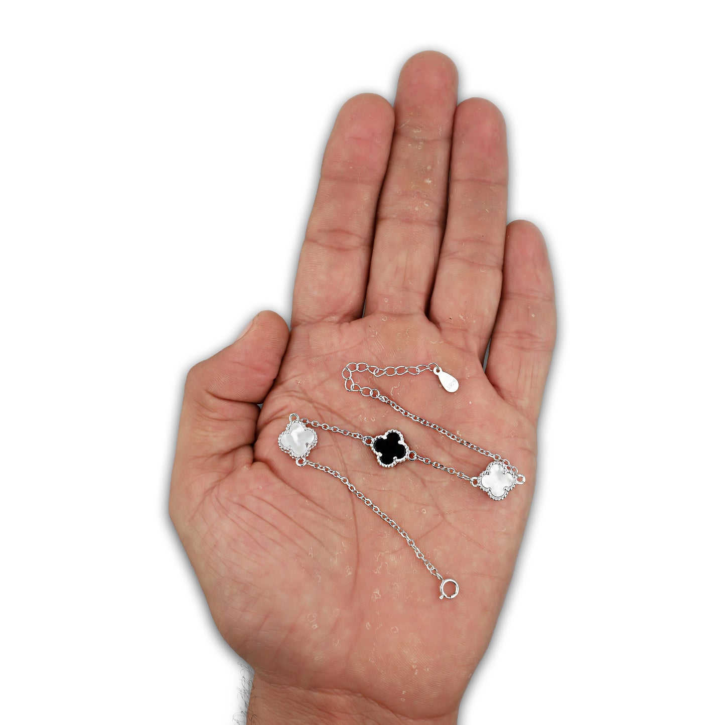 LPPD120 Pulsera Dama Mod 2 Trébol Blanco y 1 Negro 1 cm Ajustale de 17 a 20.5 cm en Plata .925