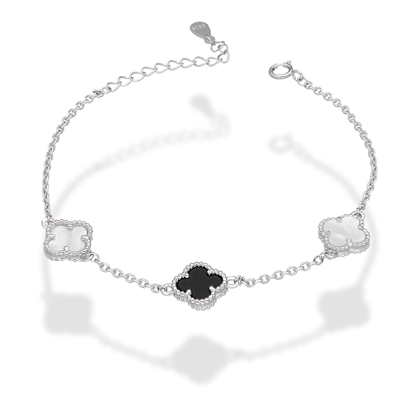 LPPD120 Pulsera Dama Mod 2 Trébol Blanco y 1 Negro 1 cm Ajustale de 17 a 20.5 cm en Plata .925