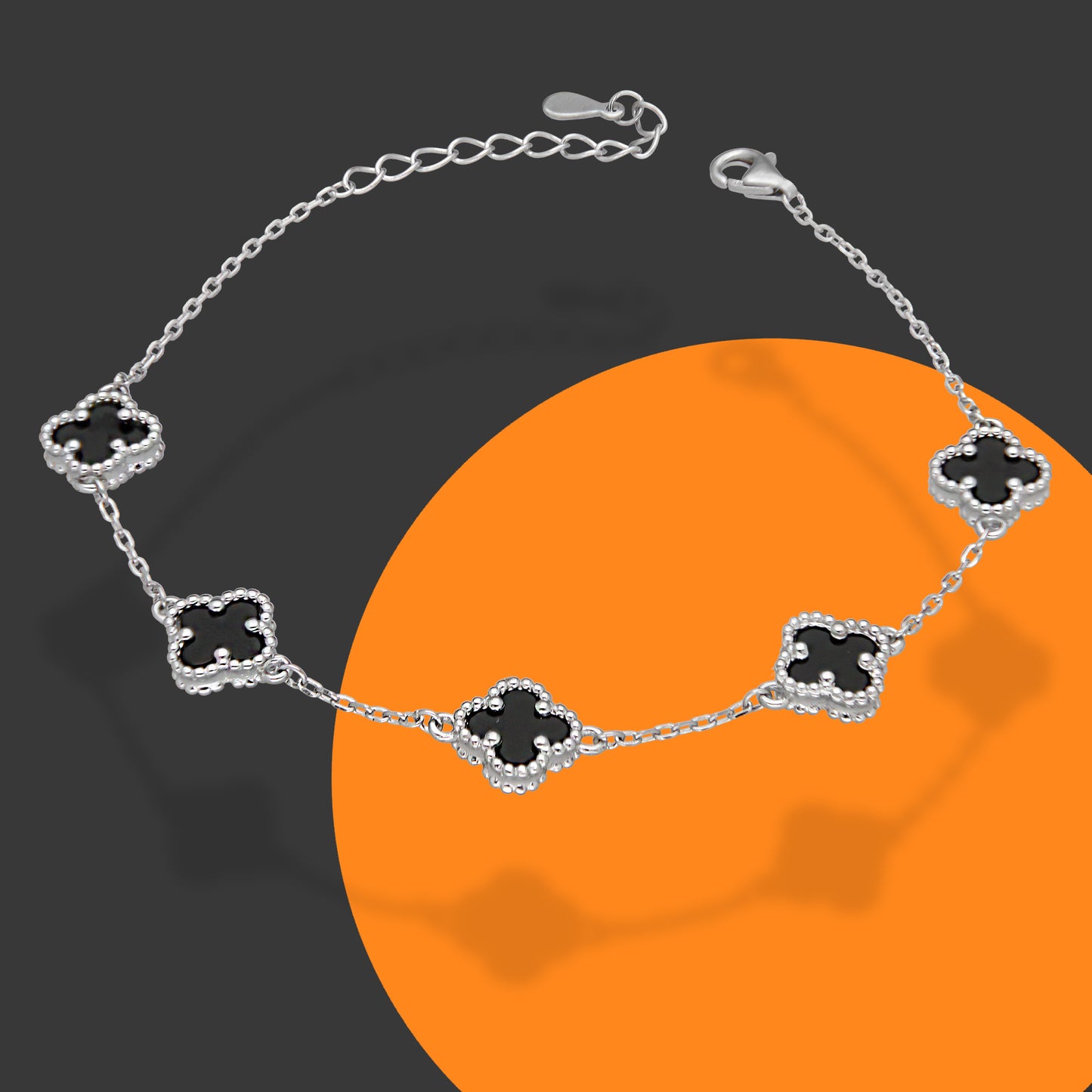 LPPD121 Pulsera Dama Mod 5 Trébol Negro 9 mm Ajustable de 17.5 cm a 21 cm en Plata .925