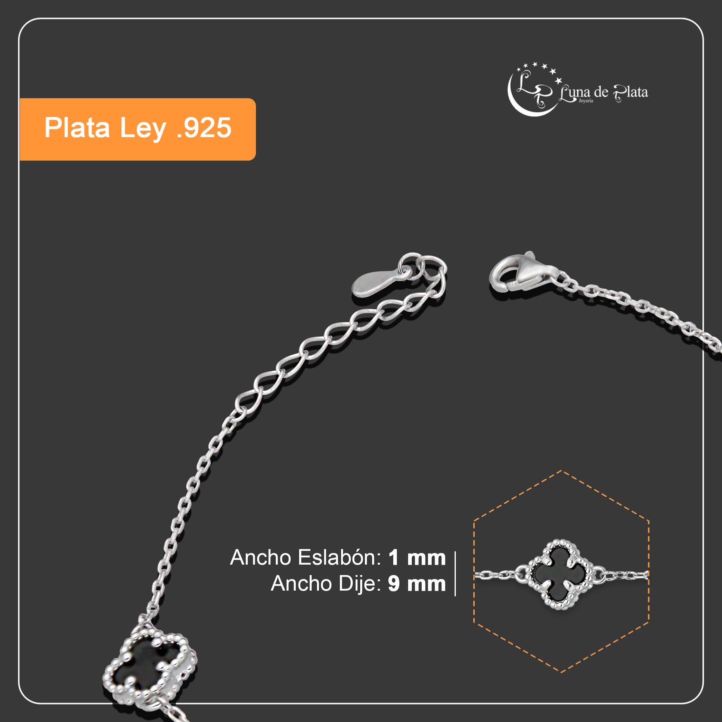 LPPD121 Pulsera Dama Mod 5 Trébol Negro 9 mm Ajustable de 17.5 cm a 21 cm en Plata .925