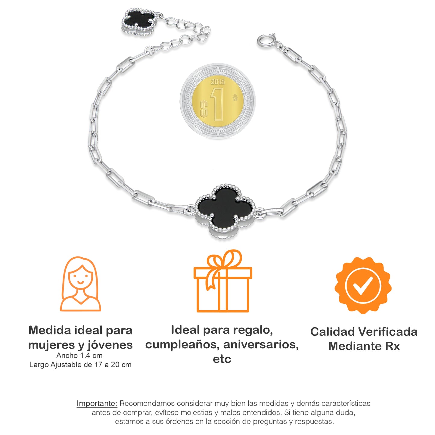 LPPD122 Pulsera Dama Mod 1 Trébol Negro + 1 Colgante Eslabón Milán Ajustable de 17 a 20 cm en Plata .925