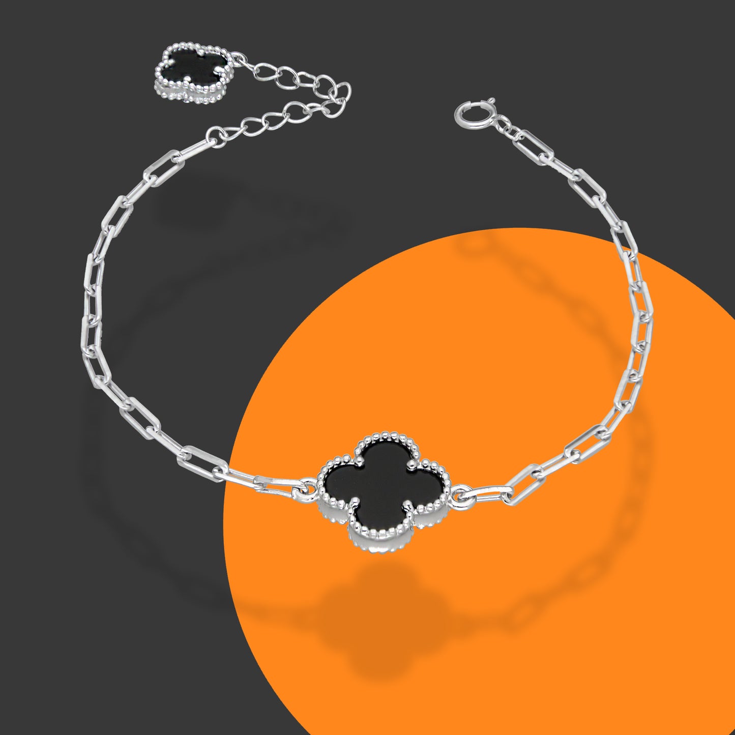LPPD122 Pulsera Dama Mod 1 Trébol Negro + 1 Colgante Eslabón Milán Ajustable de 17 a 20 cm en Plata .925