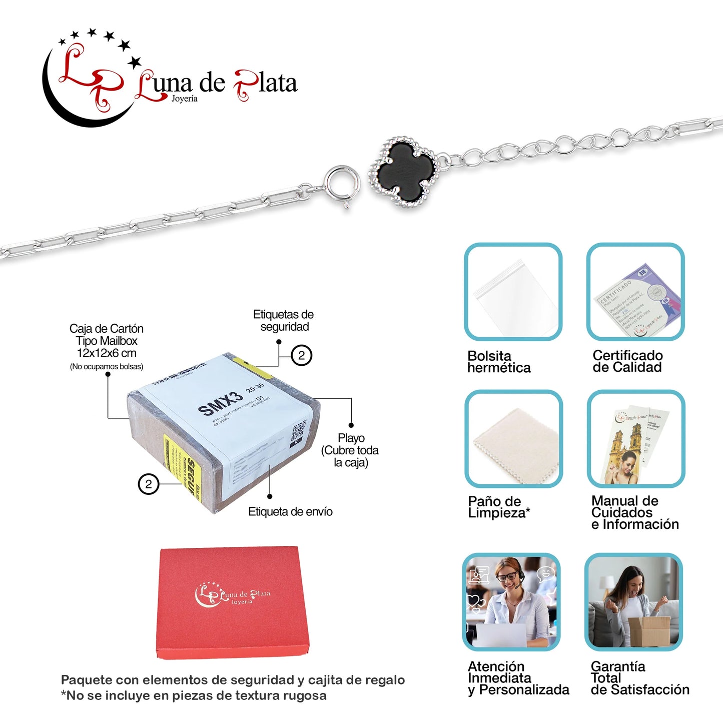 LPPD122 Pulsera Dama Mod 1 Trébol Negro + 1 Colgante Eslabón Milán Ajustable de 17 a 20 cm en Plata .925