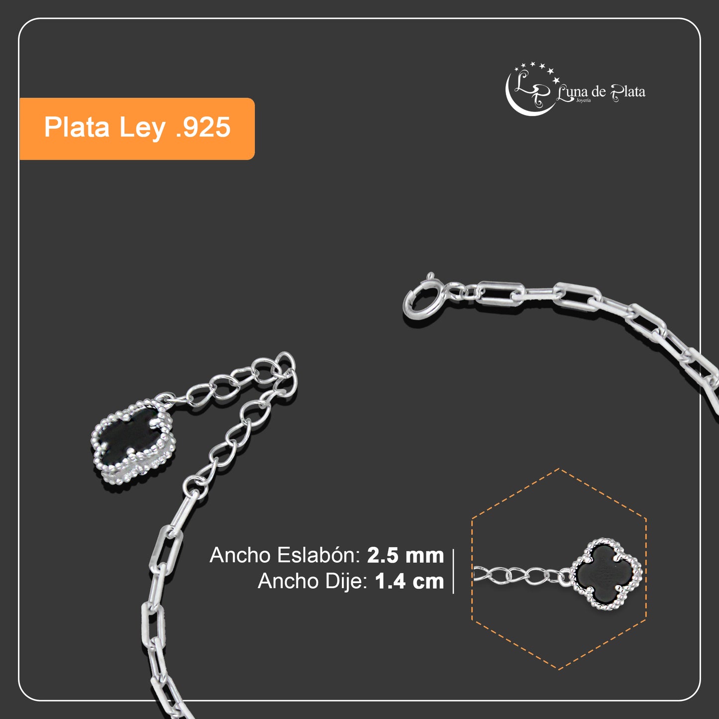 LPPD122 Pulsera Dama Mod 1 Trébol Negro + 1 Colgante Eslabón Milán Ajustable de 17 a 20 cm en Plata .925