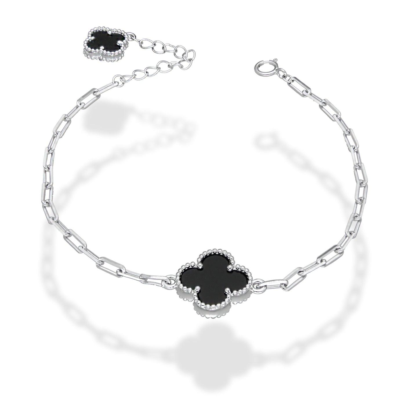 LPPD122 Pulsera Dama Mod 1 Trébol Negro + 1 Colgante Eslabón Milán Ajustable de 17 a 20 cm en Plata .925