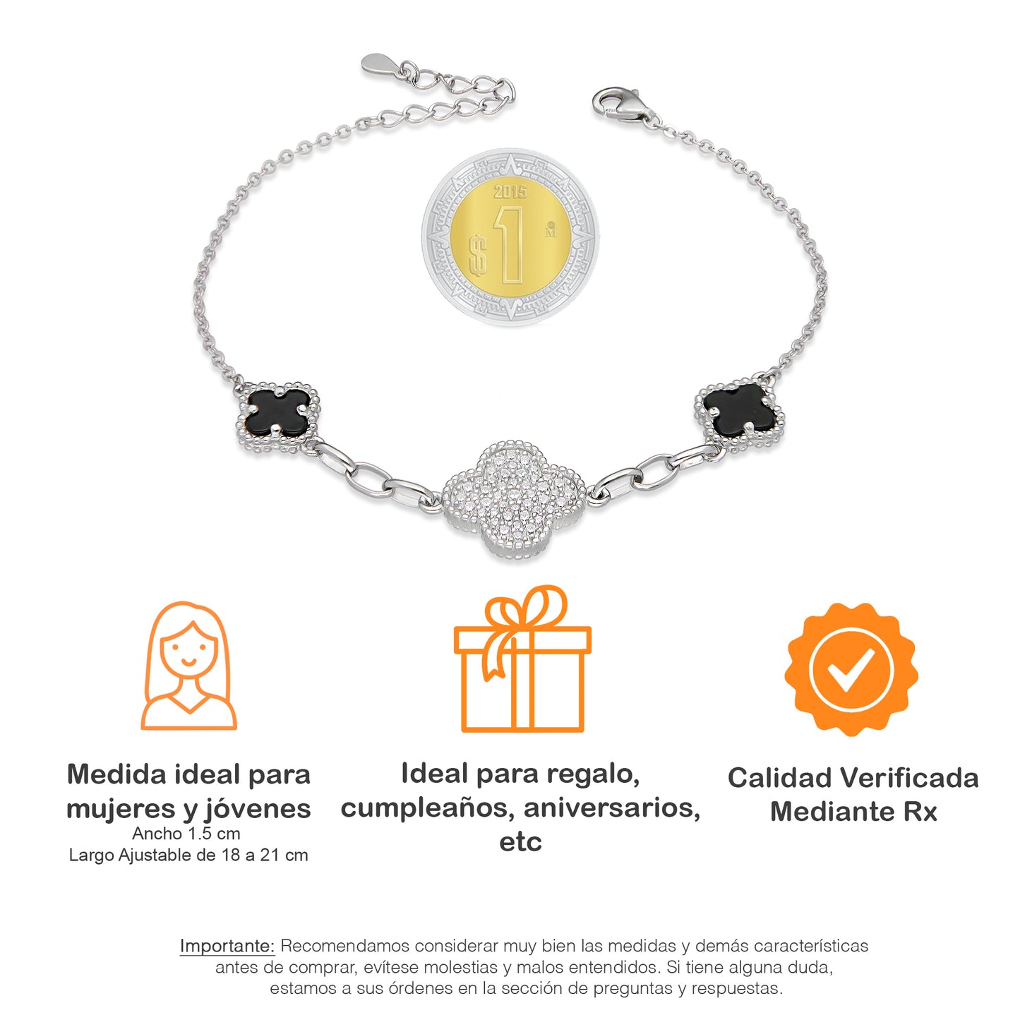 LPPD123 Pulsera Dama Mod 1 Trébol Blanco Gd con Zirconia y 2 Negros Ch Ajustable de 18 a 21 cm en Plata .925