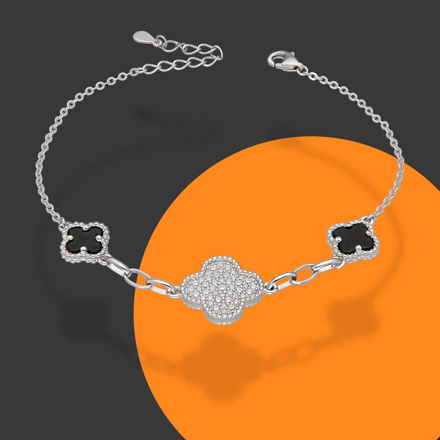 LPPD123 Pulsera Dama Mod 1 Trébol Blanco Gd con Zirconia y 2 Negros Ch Ajustable de 18 a 21 cm en Plata .925