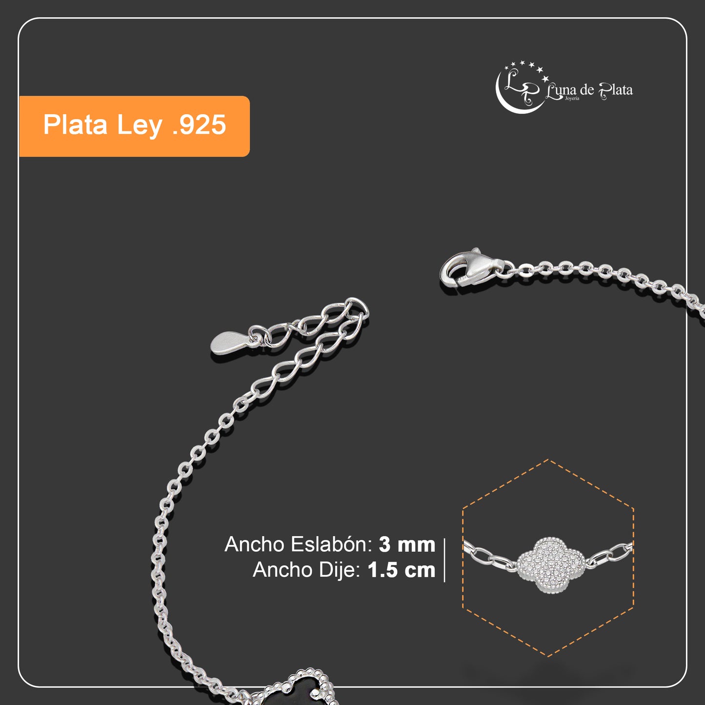 LPPD123 Pulsera Dama Mod 1 Trébol Blanco Gd con Zirconia y 2 Negros Ch Ajustable de 18 a 21 cm en Plata .925
