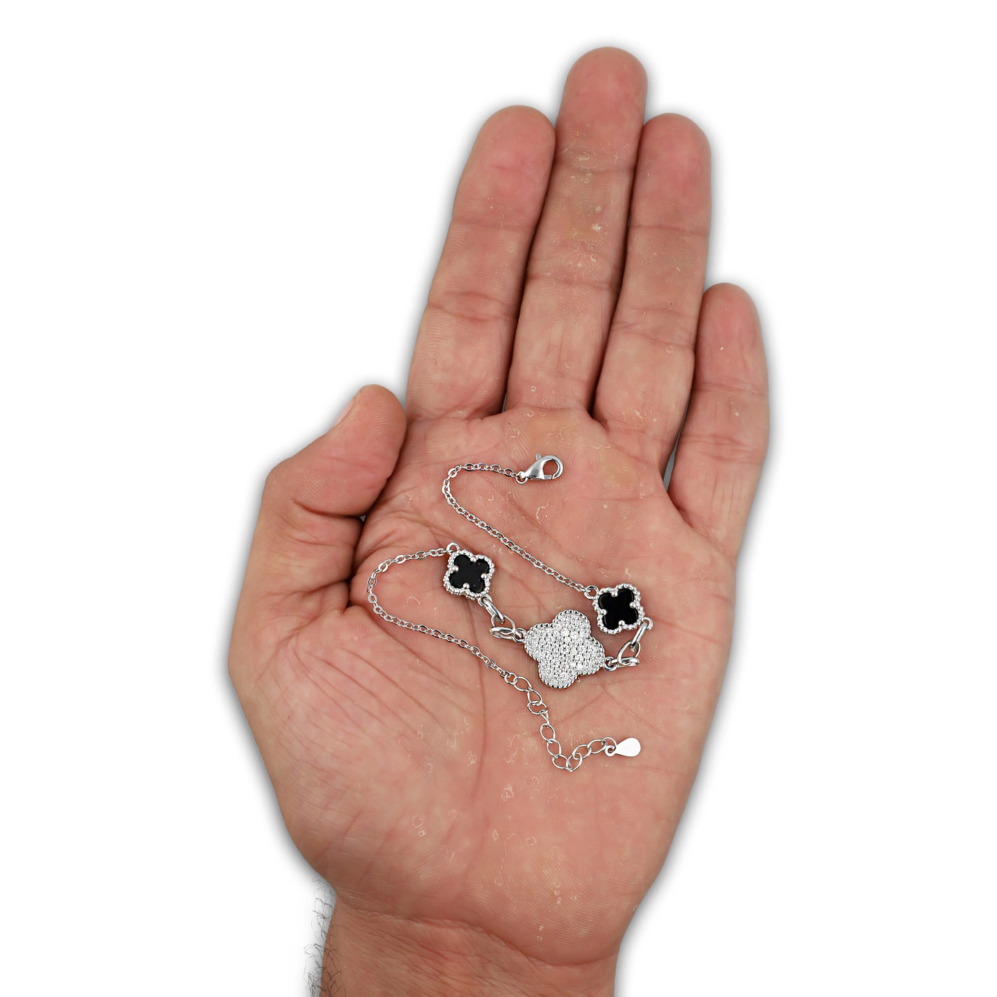 LPPD123 Pulsera Dama Mod 1 Trébol Blanco Gd con Zirconia y 2 Negros Ch Ajustable de 18 a 21 cm en Plata .925