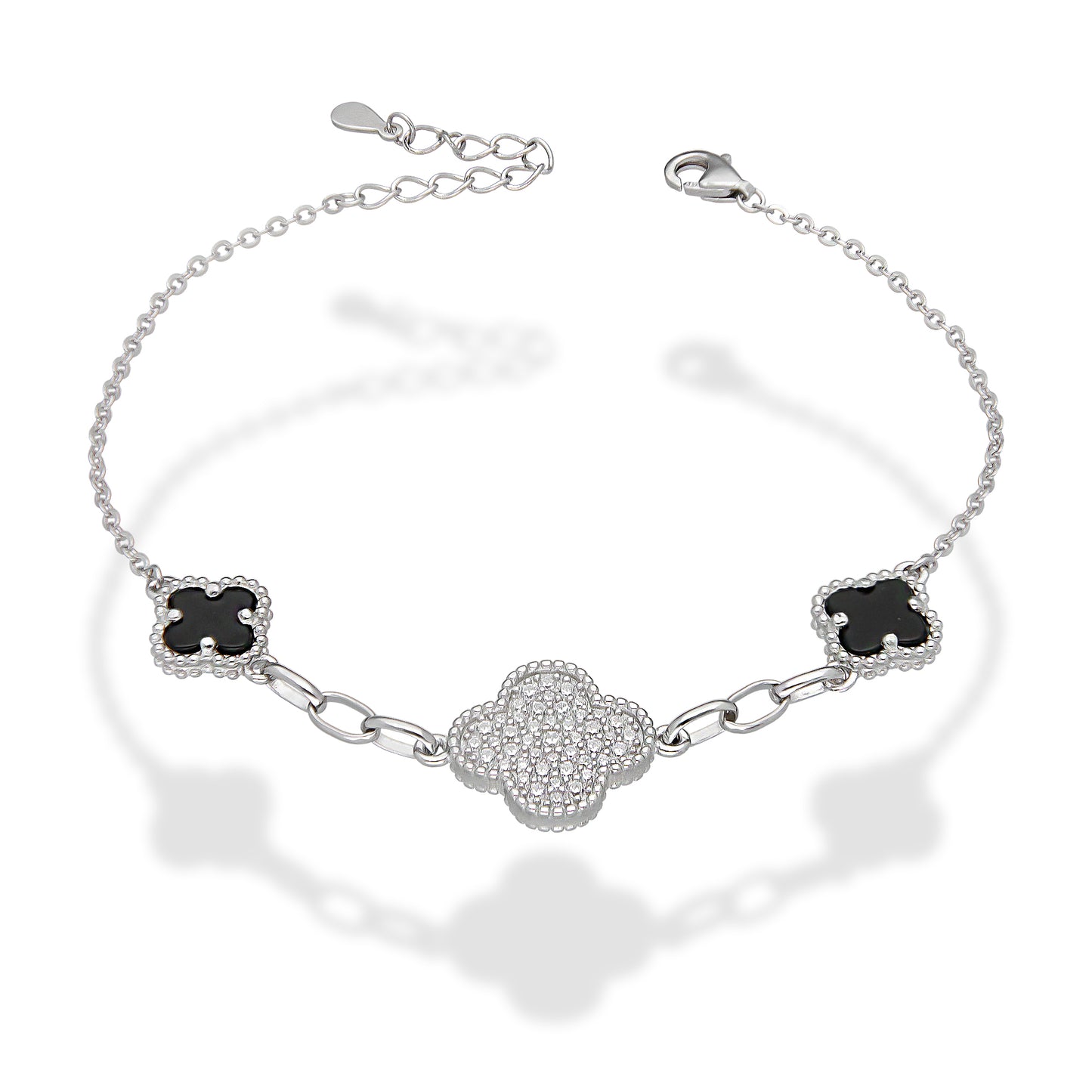LPPD123 Pulsera Dama Mod 1 Trébol Blanco Gd con Zirconia y 2 Negros Ch Ajustable de 18 a 21 cm en Plata .925