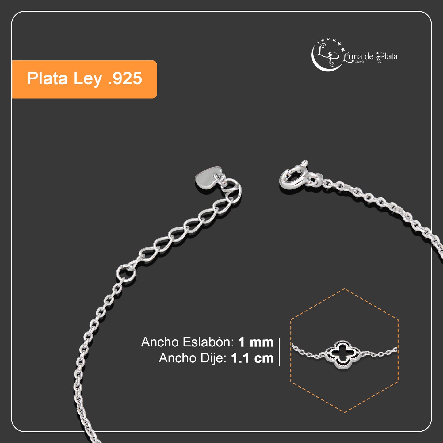 LPPD124 Pulsera Dama Mod 1 Trébol Negro 1.1 cm Ajustable de 16.5 a 19 cm en Plata .925