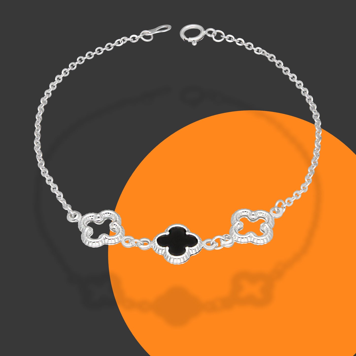 LPPD125 Pulsera Dama Mod 1 Trébol Negro y 2 Calados 1 cm x 19 cm en Plata .925