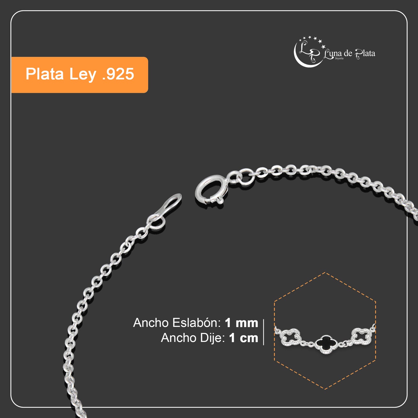 LPPD125 Pulsera Dama Mod 1 Trébol Negro y 2 Calados 1 cm x 19 cm en Plata .925