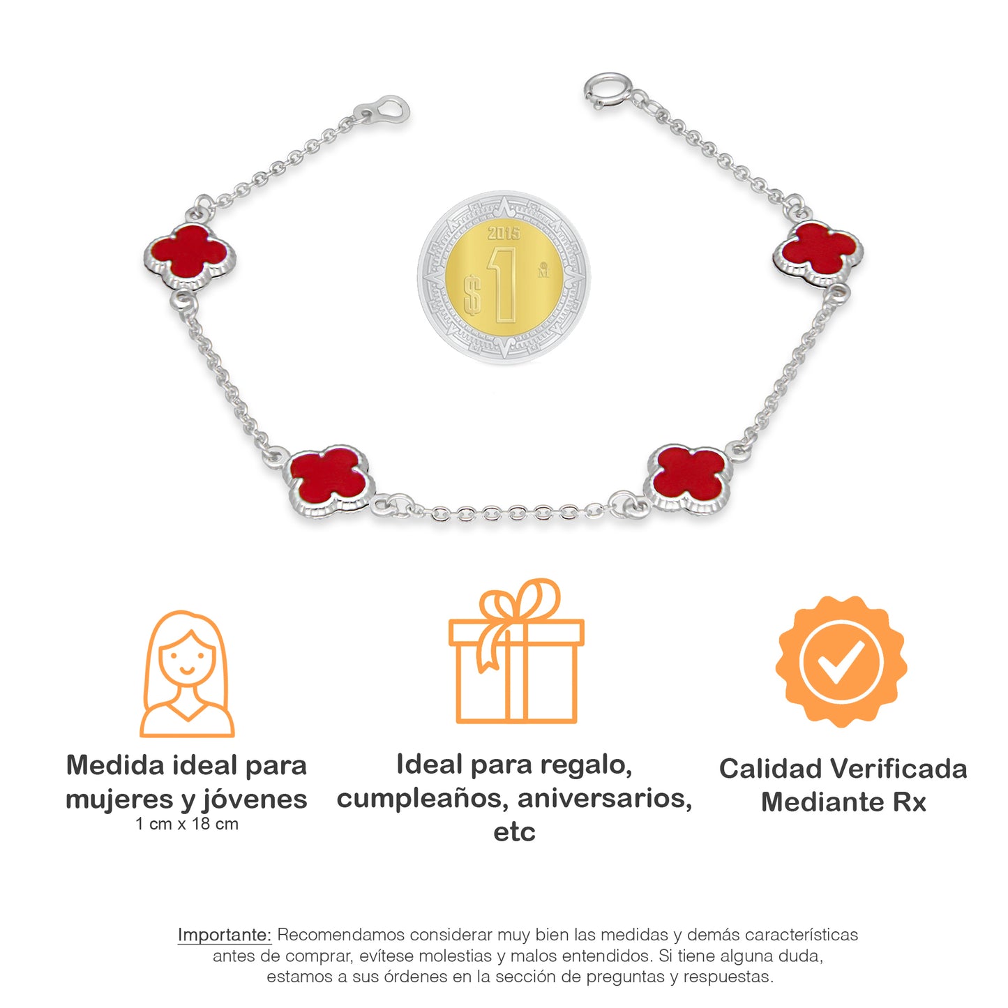 LPPD126 Pulsera Dama Mod 4 Trébol Rojo 1 cm x 18 cm en Plata .925
