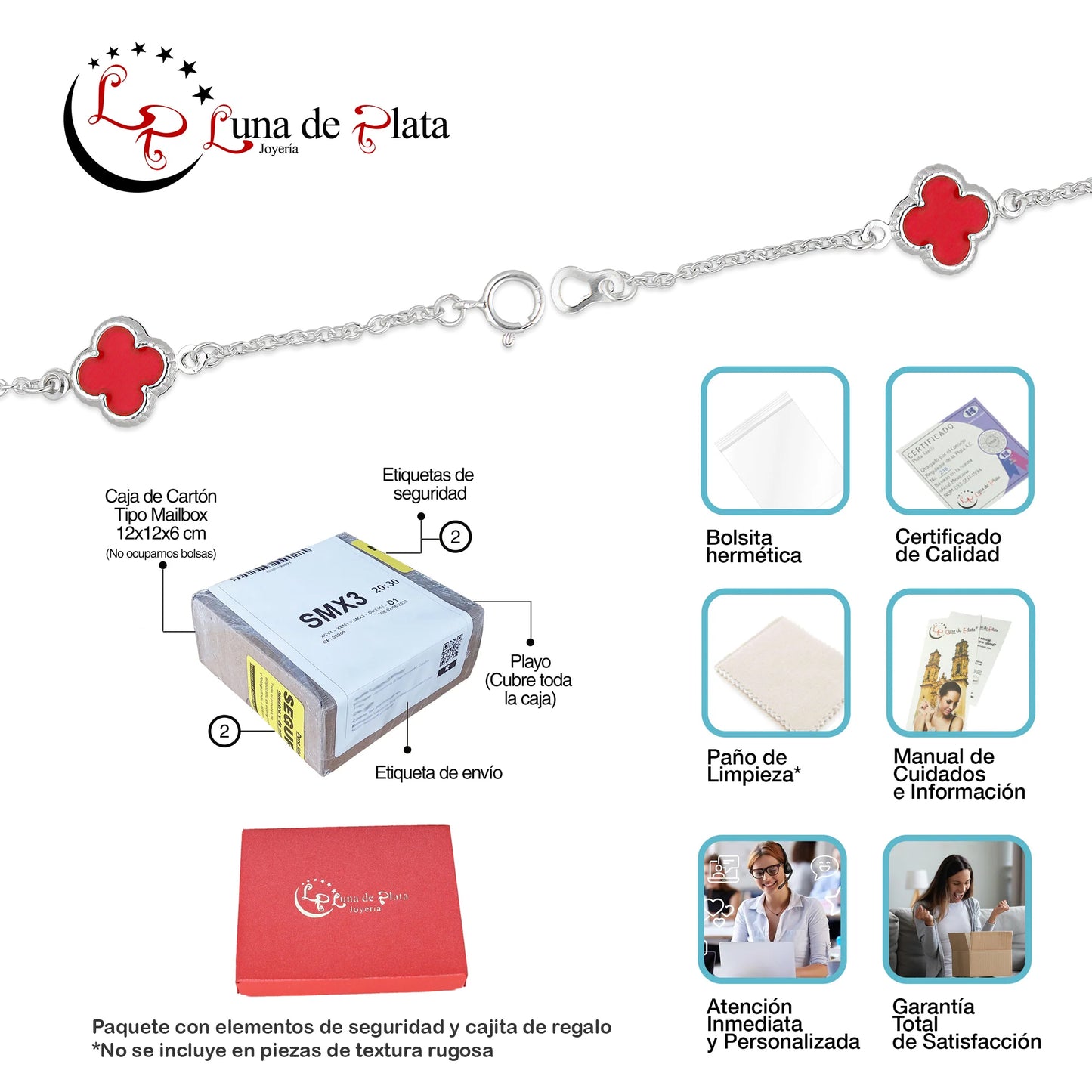 LPPD126 Pulsera Dama Mod 4 Trébol Rojo 1 cm x 18 cm en Plata .925