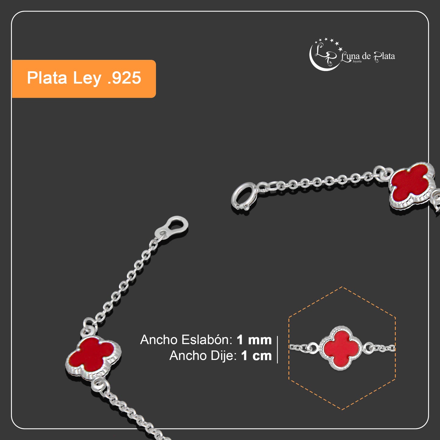 LPPD126 Pulsera Dama Mod 4 Trébol Rojo 1 cm x 18 cm en Plata .925