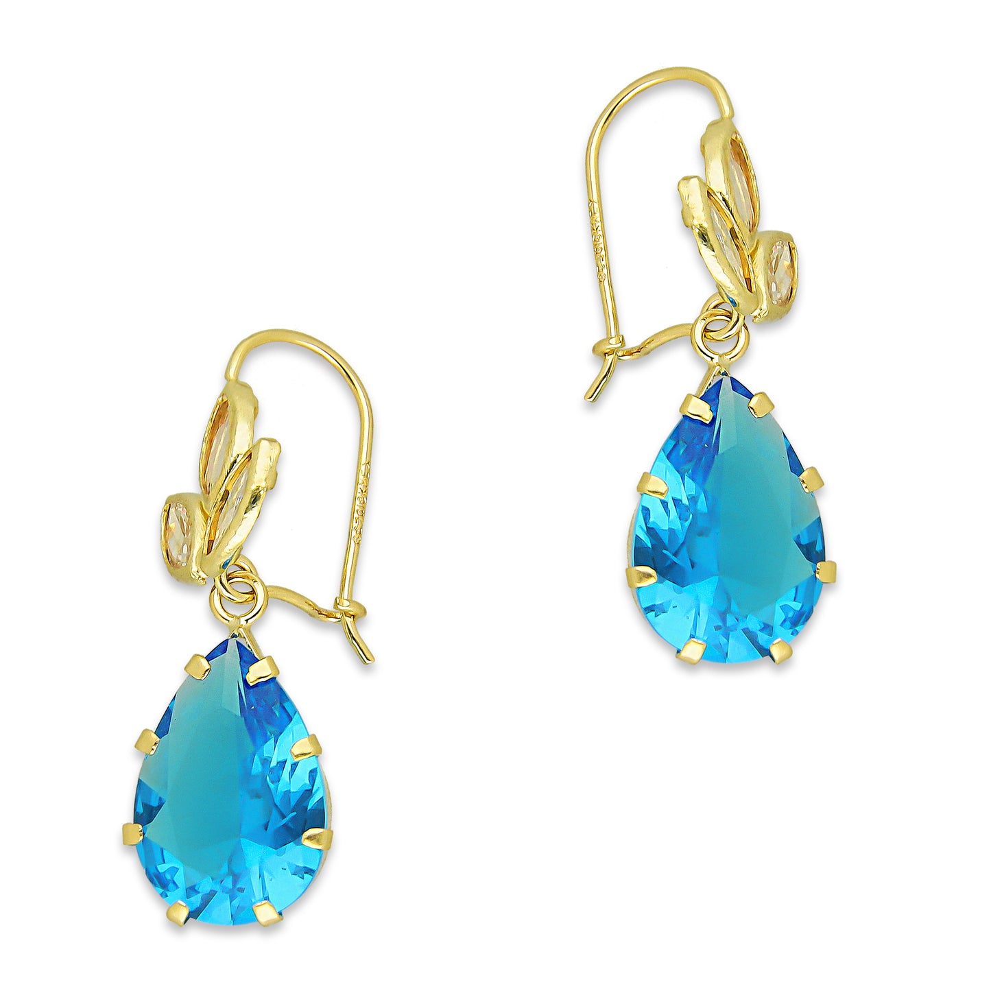 MR10AR027 Arete Arillo Oro Sólido 10K Modelo 3 Hojitas con Gota Azul Colgante 3 cm de Diámetro