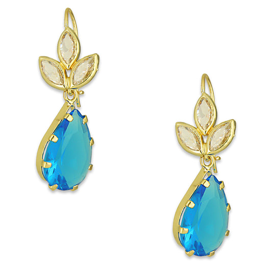 MR10AR027 Arete Arillo Oro Sólido 10K Modelo 3 Hojitas con Gota Azul Colgante 3 cm de Diámetro