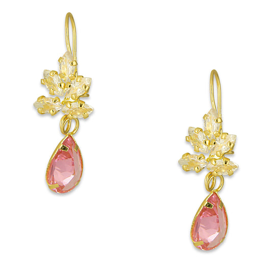 MR10AR028 Arete Arillo Oro Sólido 10K Modelo Racimo Semillas con Zirconia Rosa Colgante Gota 3 cm Diámetro