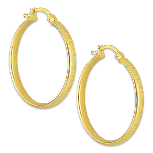 MR10AR041 Arete Arracada Oro Sólido 10K EMF10 Modelo. Tubo Óvalado Grecas Diámetro 2.8 cm