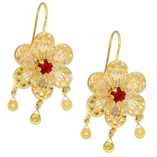 MR10AR042 Arete Arracada Oro Sólido 10K Modelo Estrella 6 Petalos 3 Círculos Colgantes Diámetro 5.8 cm