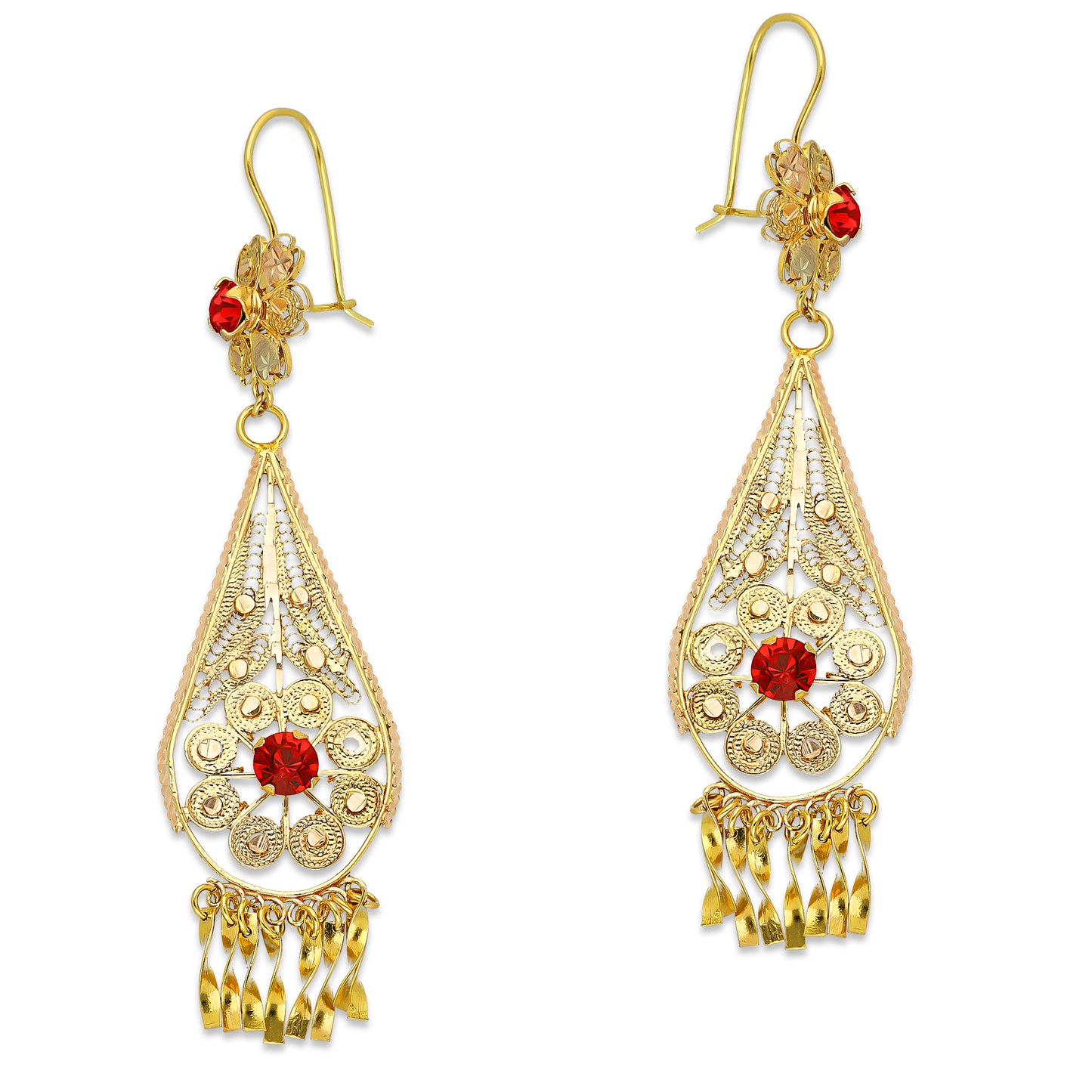MR10AR043 Arete Arracada Oro Sólido 10K Modelo Flor con Gota Colgante Piedras Rojas Diámetro 8.8 cm